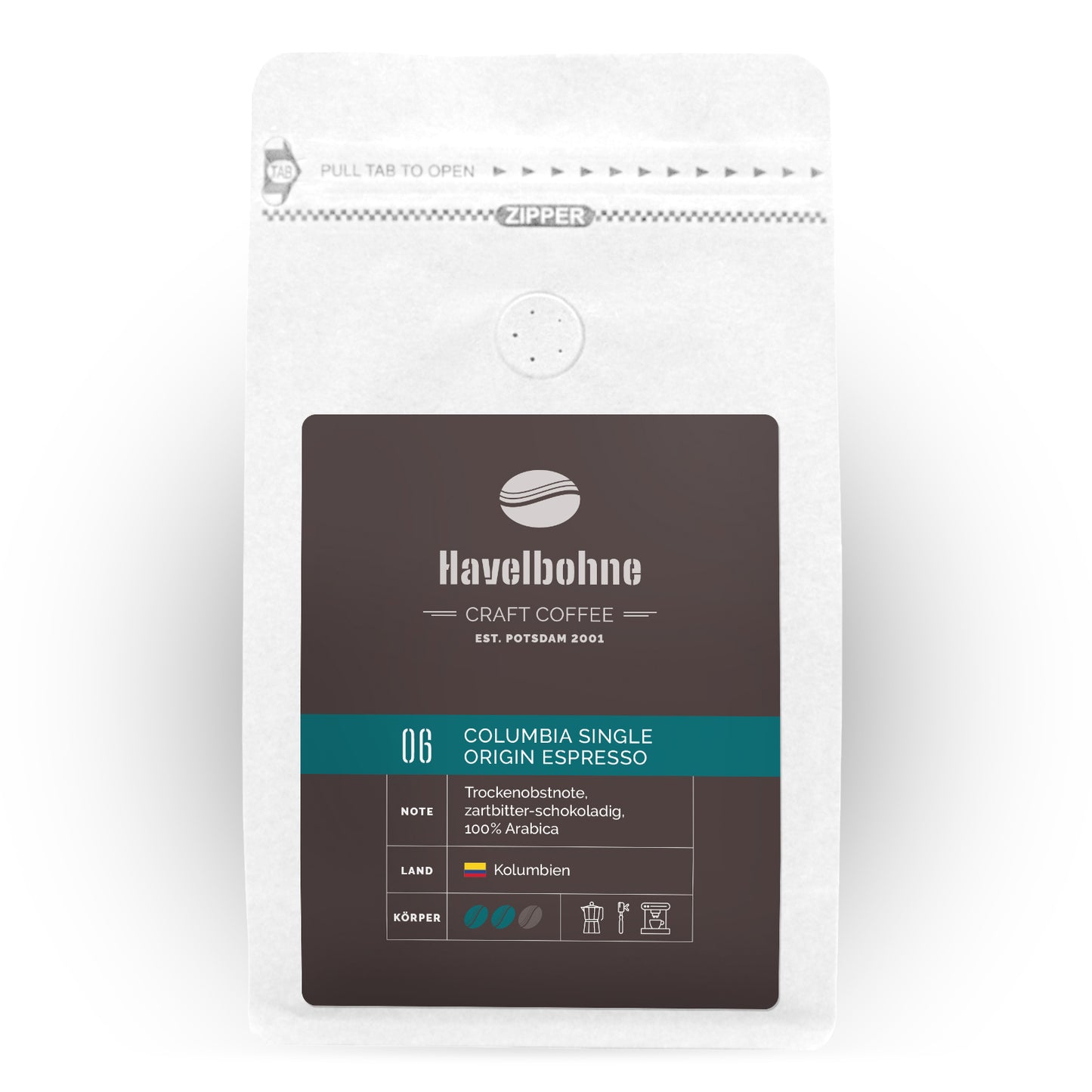 Kaffeetüte mit Columbia Single Origin Espresso Kaffee frisch geröstet in Potsdam