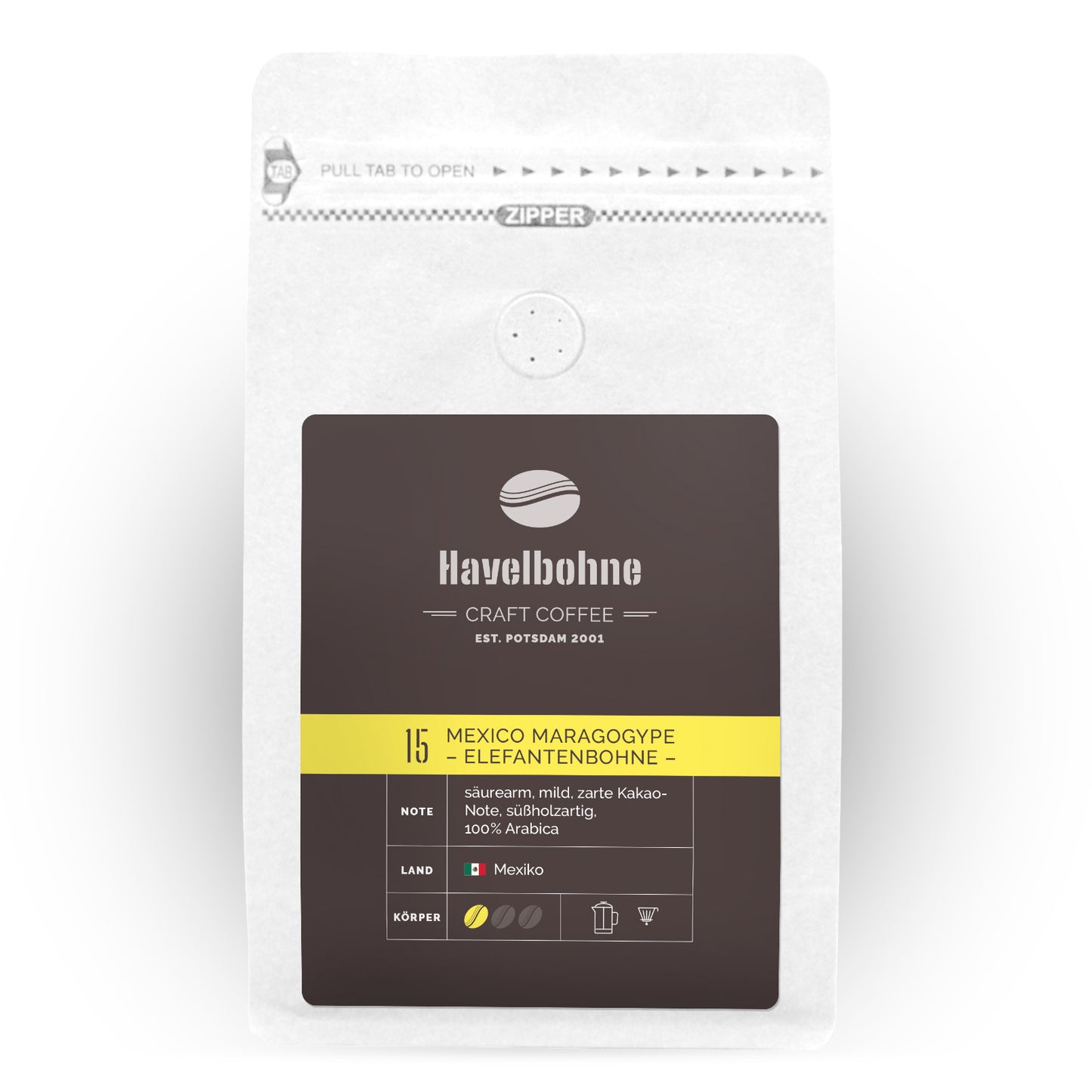 Kaffeetüte mit Mexico Maragogype Elefantenbohne Kaffee frisch geröstet in Potsdam