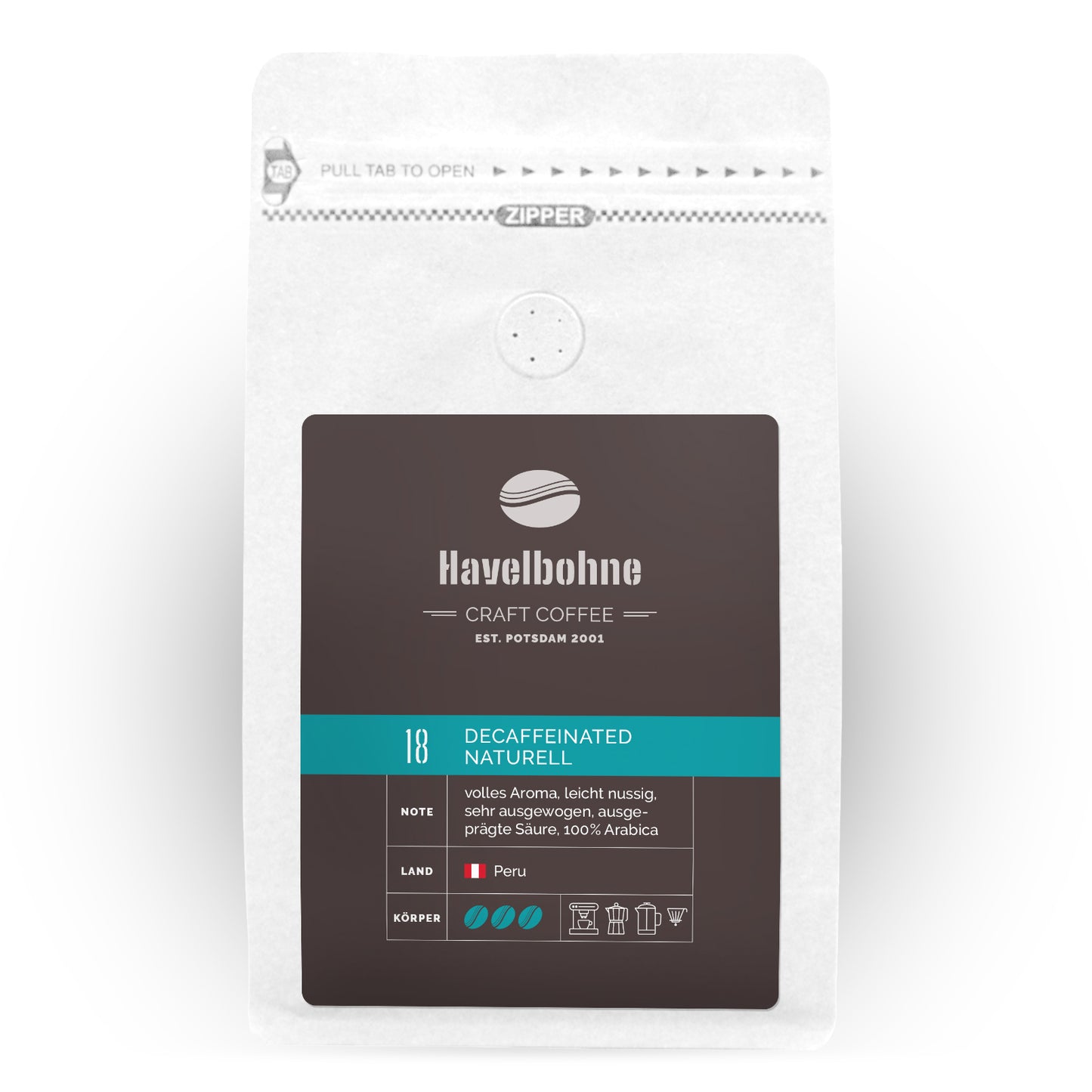 Kaffeetüte mit Decaffeinated Naturell Arabica Kaffee aus Brasilien frisch geröstet in Potsdam