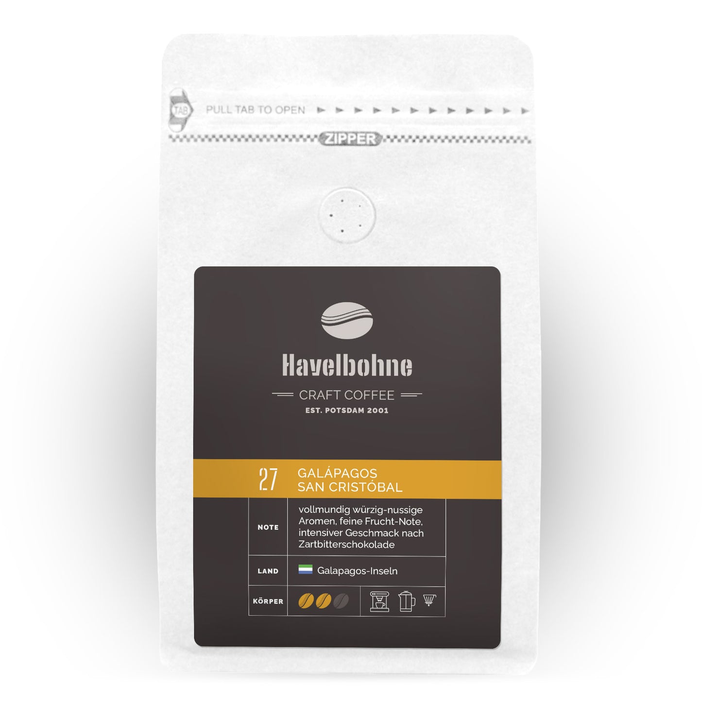 Kaffeetüte mit Galapagos San Christobal Arabica Kaffee aus Galapagos frisch geröstet in Potsdam