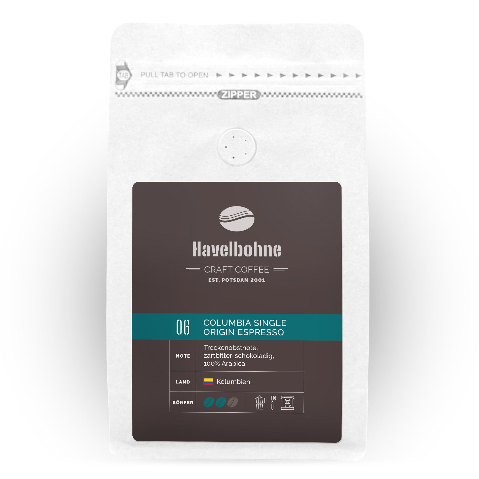 Kaffeetüte mit Columbia Single Origin Espresso Kaffee frisch geröstet in Potsdam