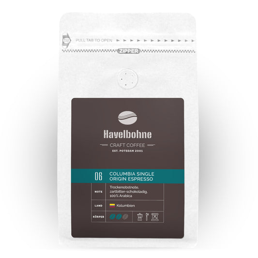 Kaffeetüte mit Columbia Single Origin Espresso Kaffee frisch geröstet in Potsdam