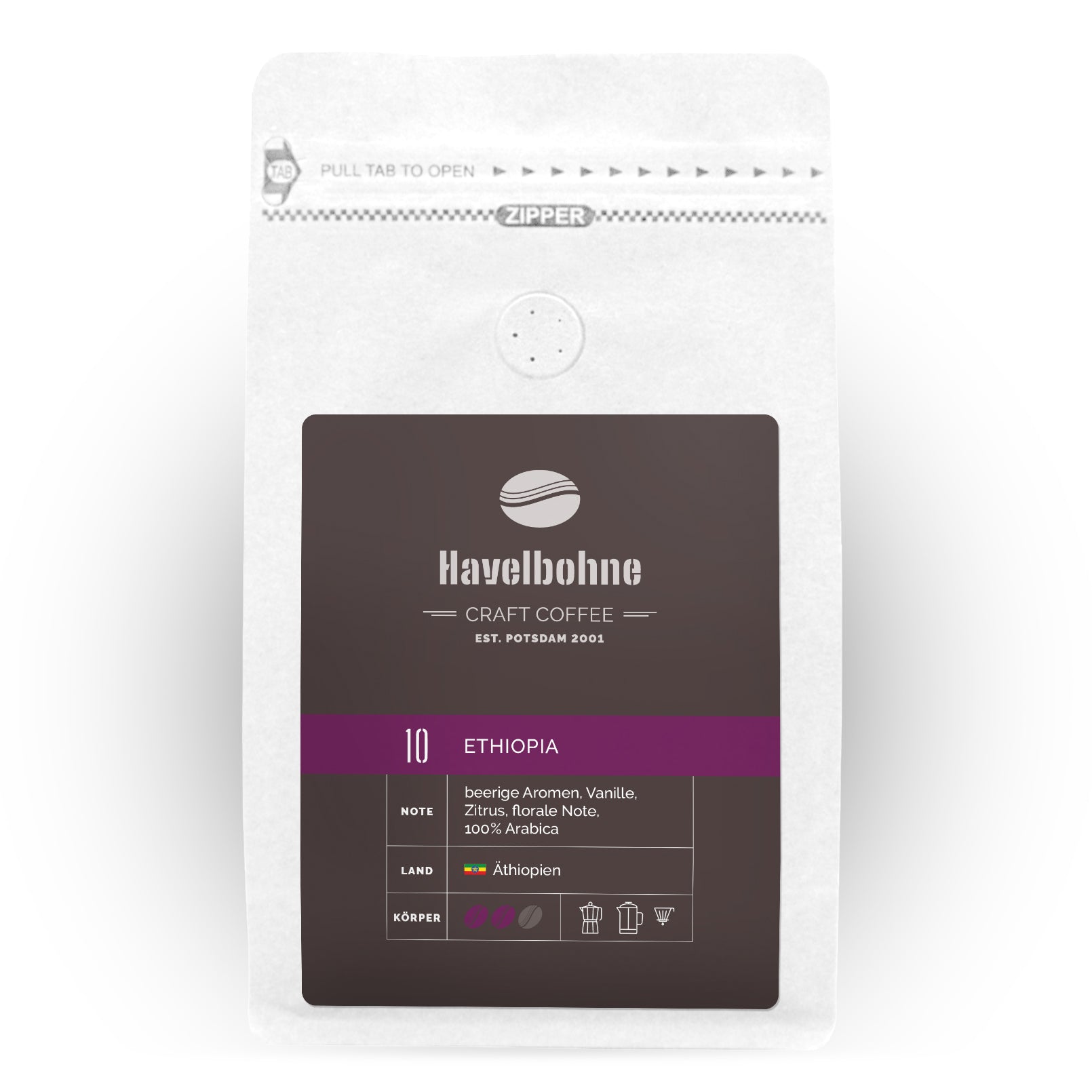 Kaffeetüte mit Ethiopia Yirgacheffe Kaffee frisch geröstet in Potsdam