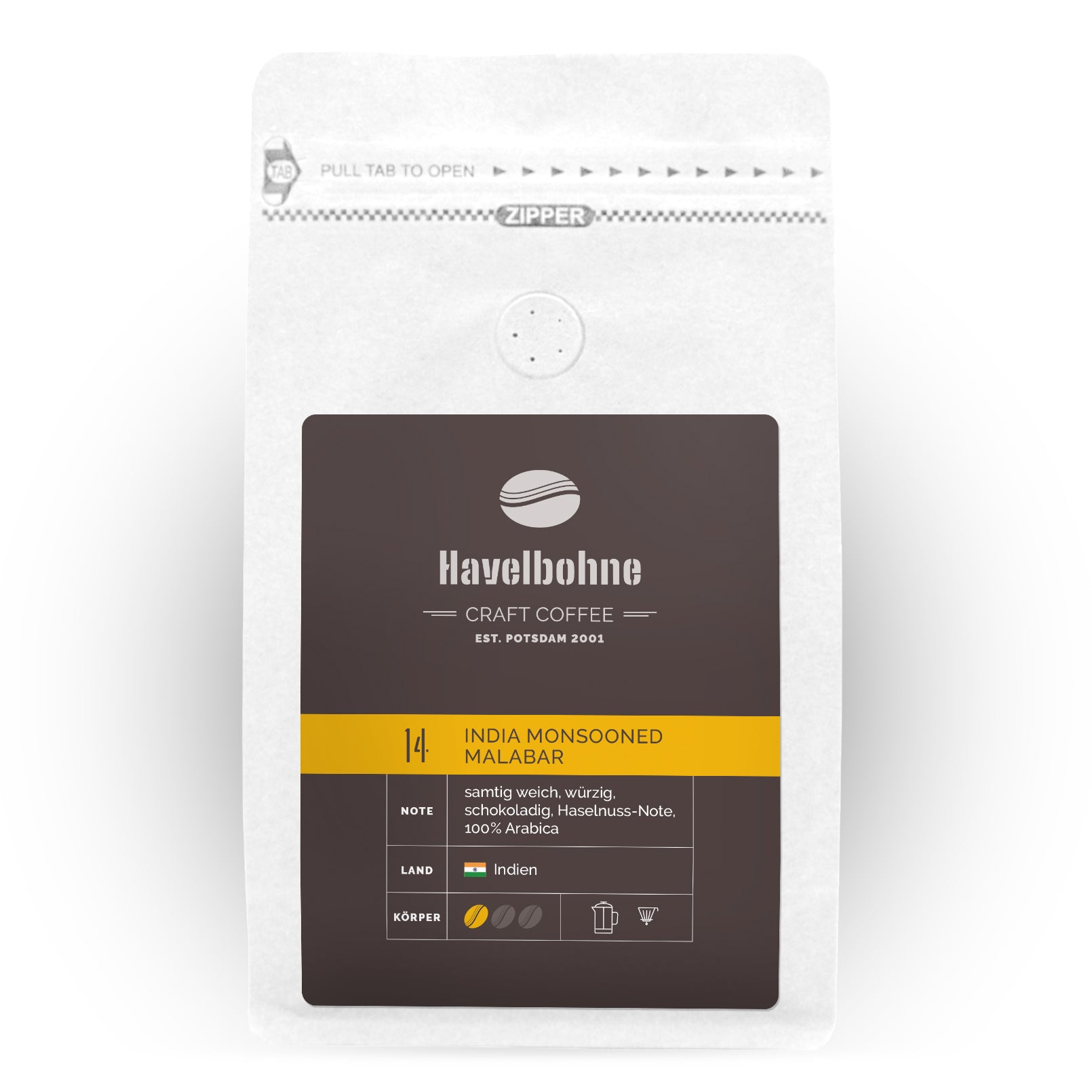 Kaffeetüte mit India Monsooned Malabar Kaffee frisch geröstet in Potsdam