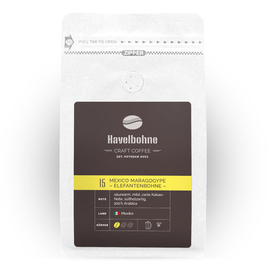 Kaffeetüte mit Mexico Maragogype Elefantenbohne Kaffee frisch geröstet in Potsdam