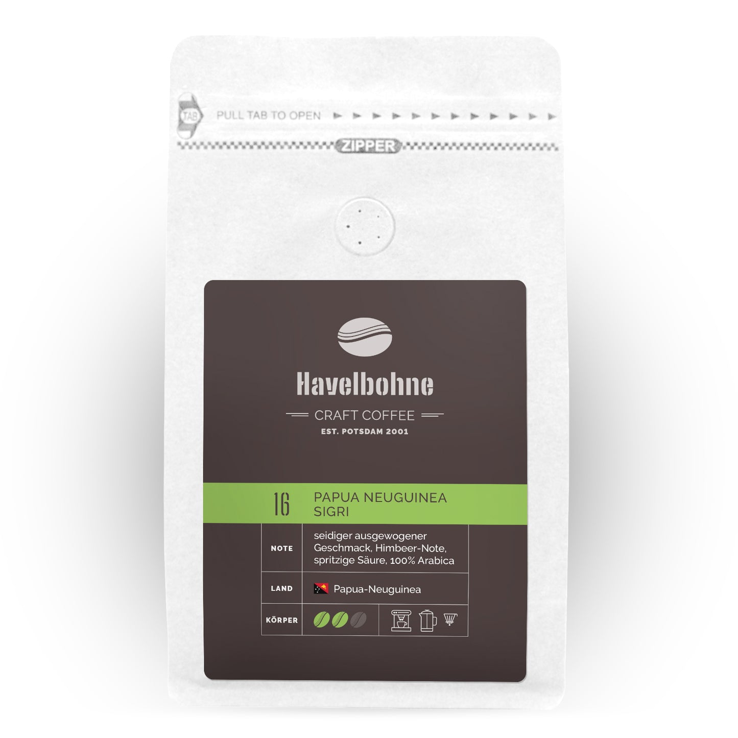 Kaffeetüte mit Papua Neuguinea Sigri Kaffee frisch geröstet in Potsdam