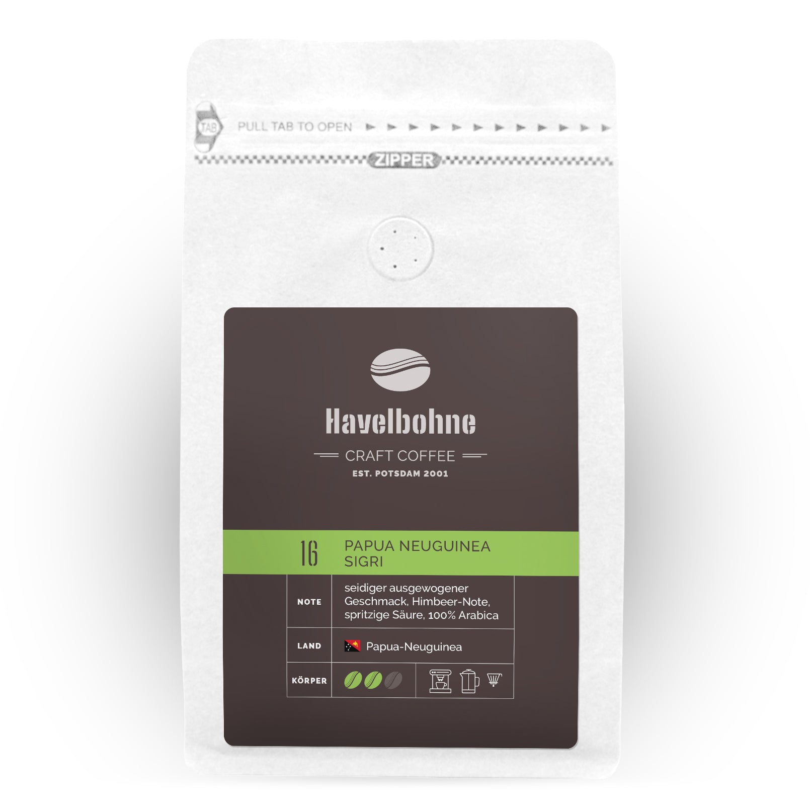 Kaffeetüte mit Papua Neuguinea Sigri Kaffee frisch geröstet in Potsdam