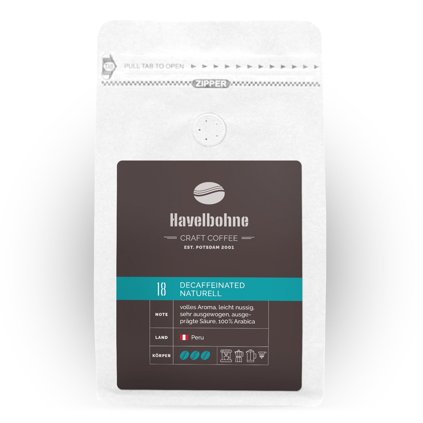 Kaffeetüte mit Decaffeinated Naturell Arabica Kaffee aus Brasilien frisch geröstet in Potsdam