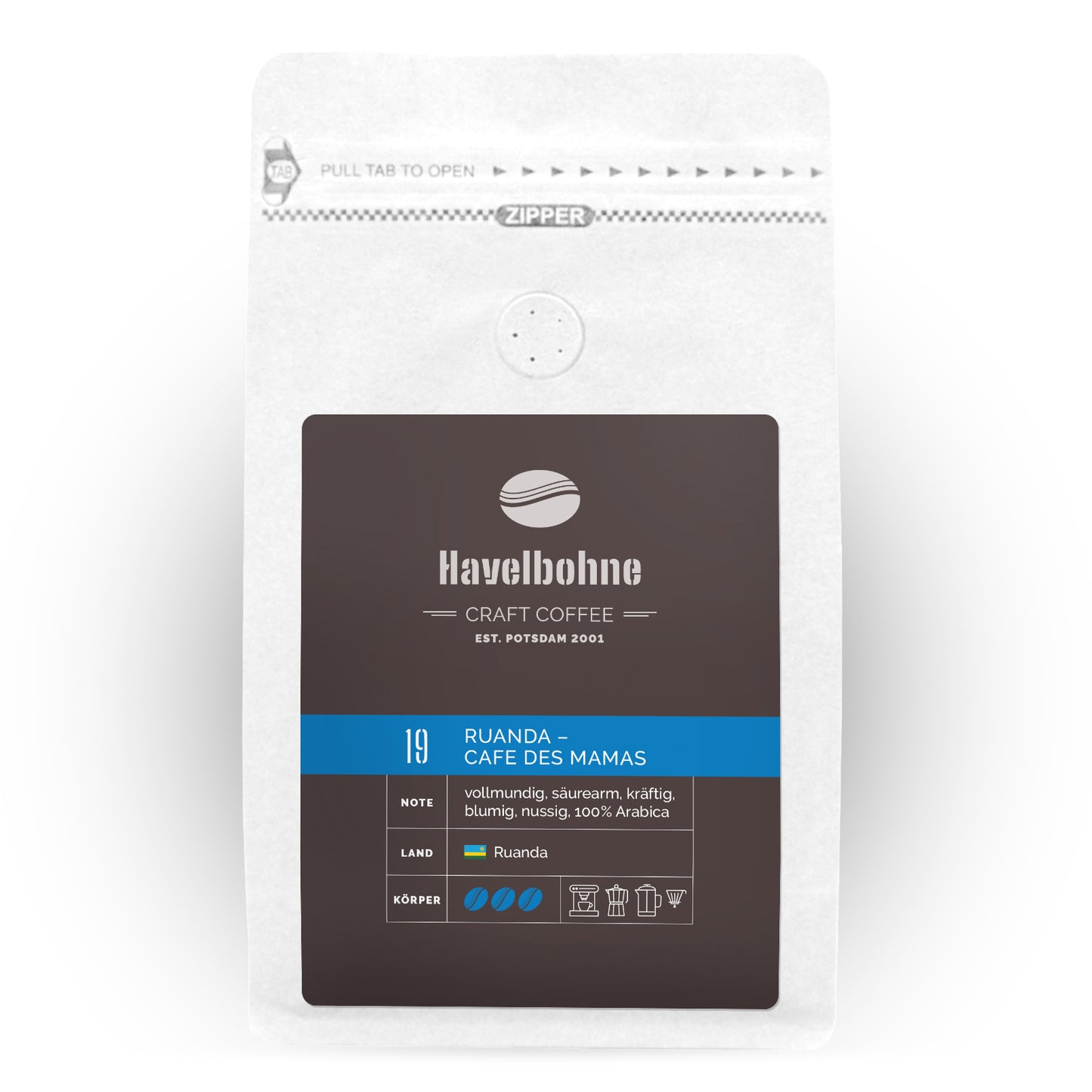 Kaffeetüte mit Ruanda Cafe des Mamas Kaffee frisch geröstet in Potsdam