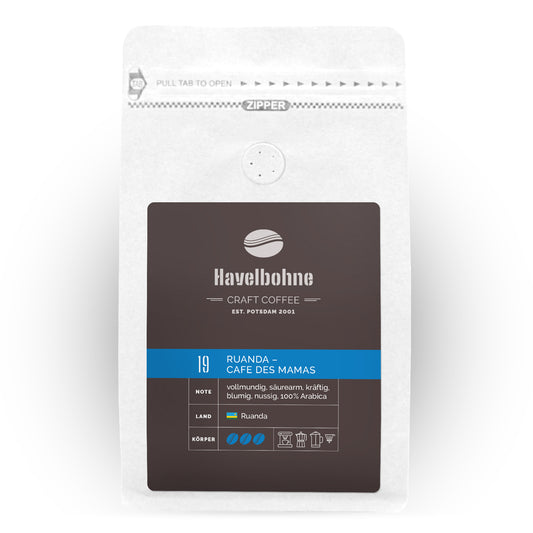 Kaffeetüte mit Ruanda Cafe des Mamas Kaffee frisch geröstet in Potsdam