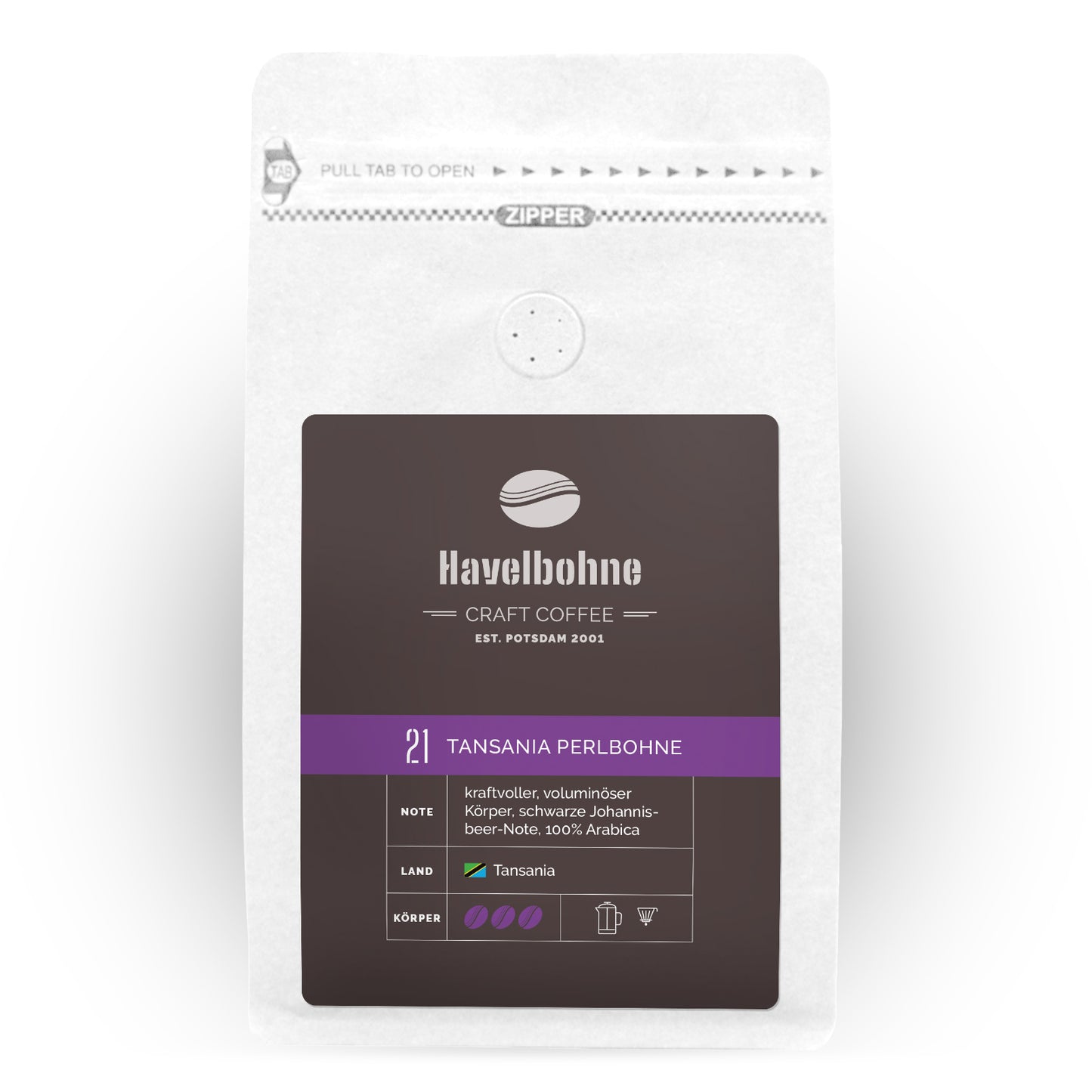 Kaffeetüte mit Tansania Perlbohne Kaffee frisch geröstet in Potsdam