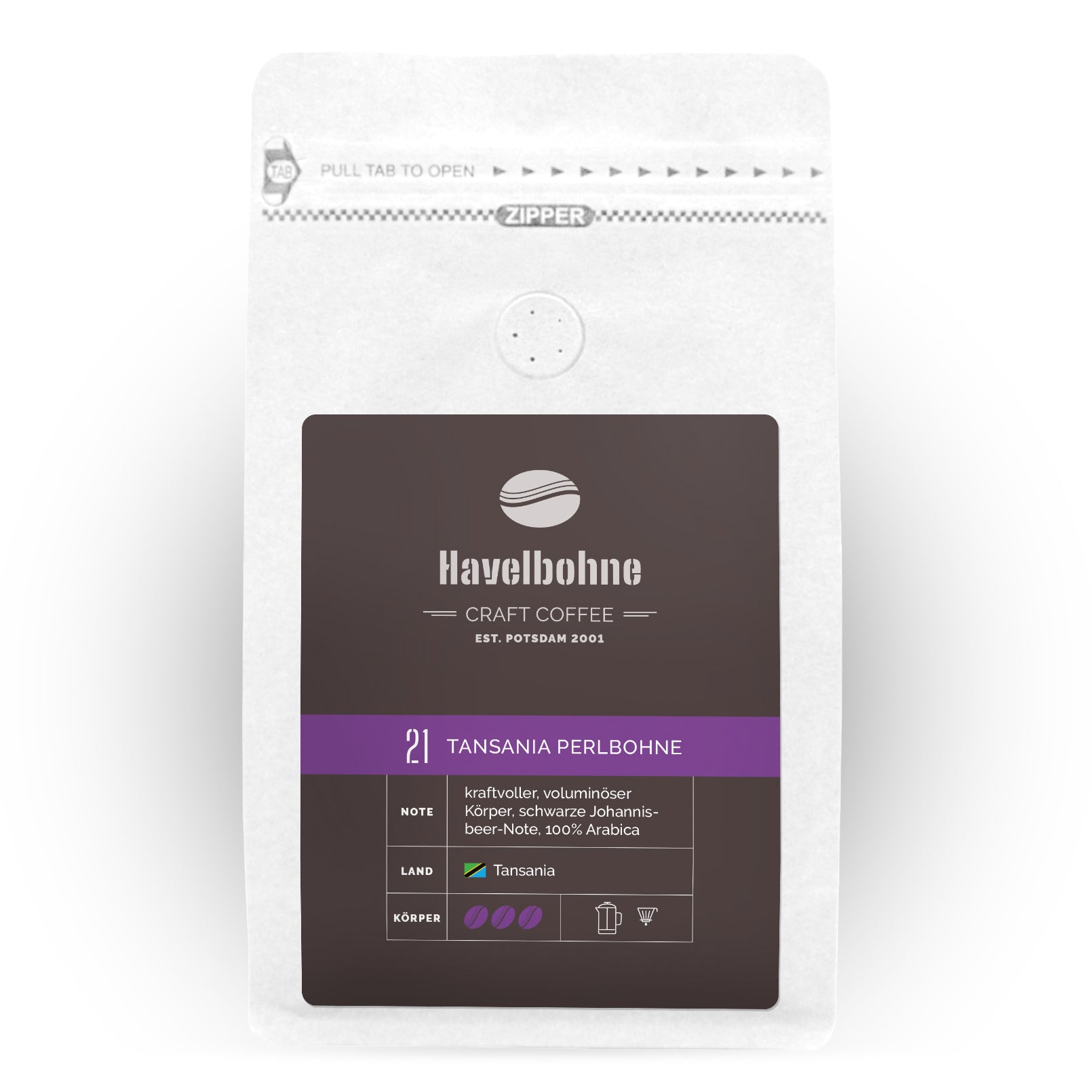 Kaffeetüte mit Tansania Perlbohne Kaffee frisch geröstet in Potsdam