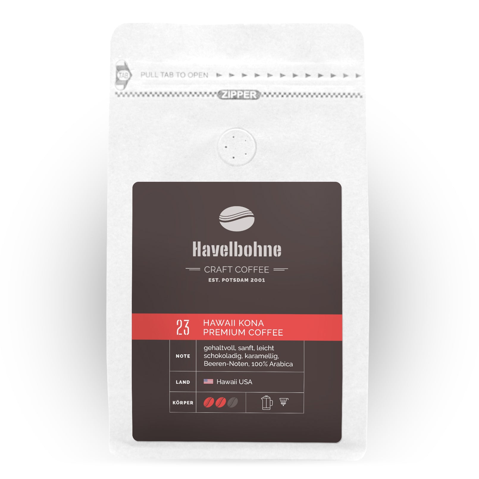 Kaffeetüte mit Hawaii Kona Premium Coffee frisch geröstet in Potsdam