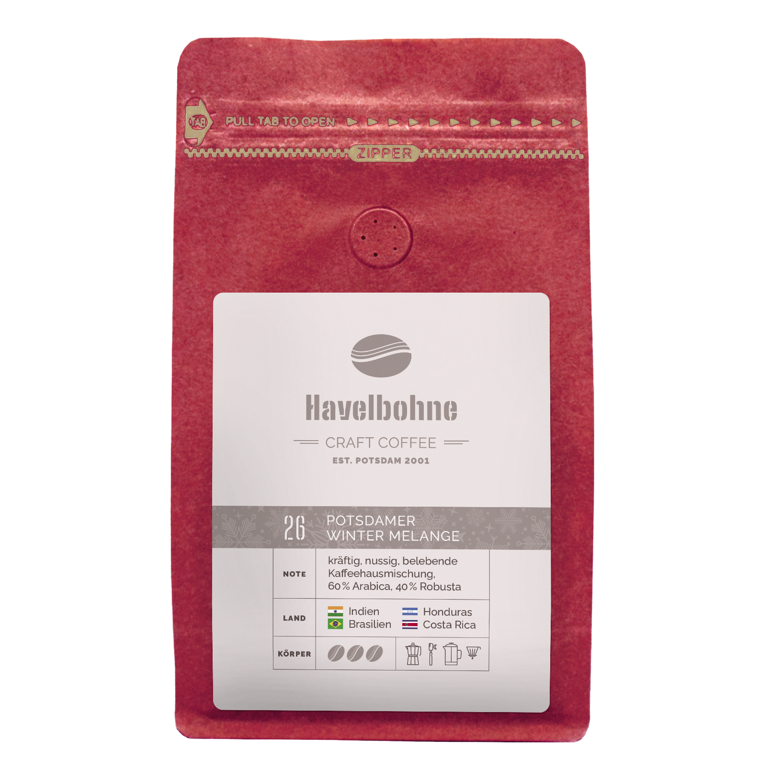 Kaffeetüte mit Potsdamer Winter Melange Kaffeemischung frisch geröstet in Potsdam