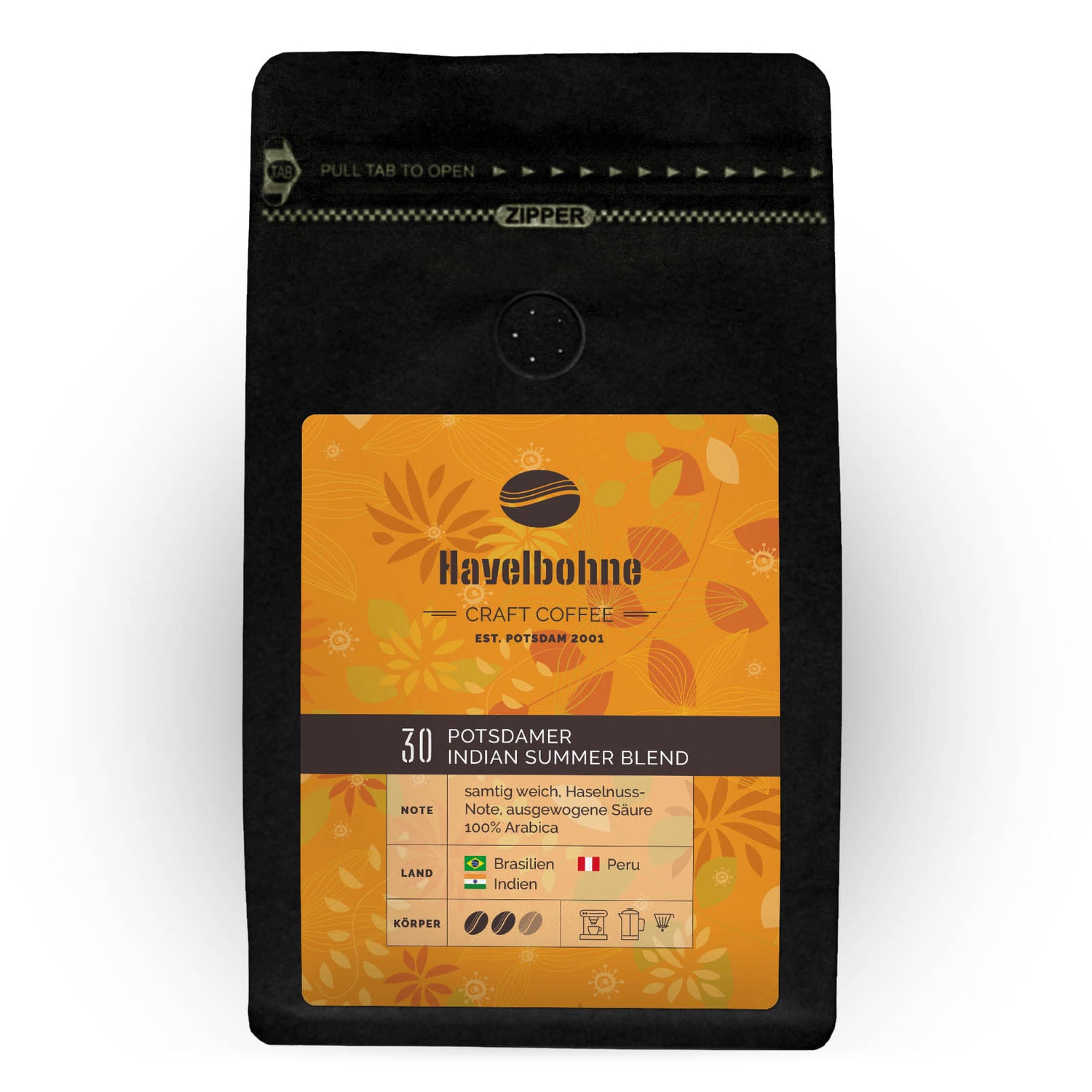 Kaffeetüte Havelbohne Potsdamer Indian Summer Blend, 100 Prozent Arabica aus Brasilien, Peru und Indien, samtig weich mit Haselnussnote.