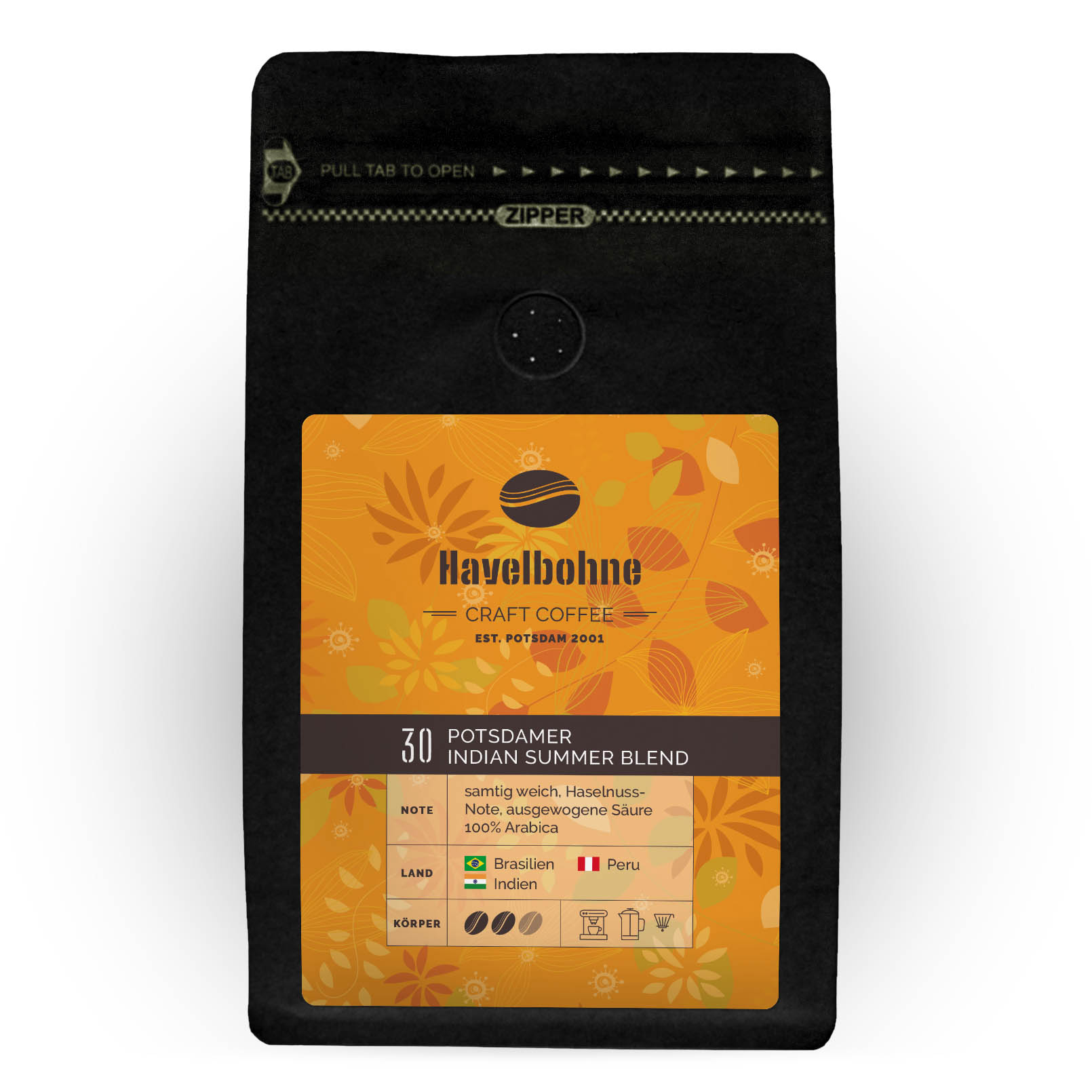 Kaffeetüte Havelbohne Potsdamer Indian Summer Blend, 100 Prozent Arabica aus Brasilien, Peru und Indien, samtig weich mit Haselnussnote.