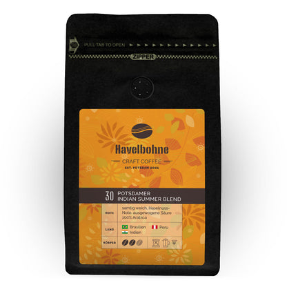 Kaffeetüte Havelbohne Potsdamer Indian Summer Blend, 100 Prozent Arabica aus Brasilien, Peru und Indien, samtig weich mit Haselnussnote.