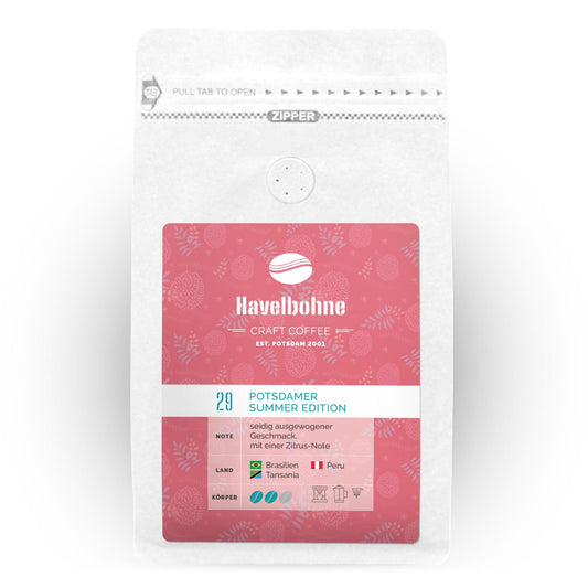 Kaffeetüte Havelbohne Potsdamer Summer Edition mit ausgewogenem Geschmack und feiner Zitrusnote, Bohnen aus Brasilien, Peru und Tansania.