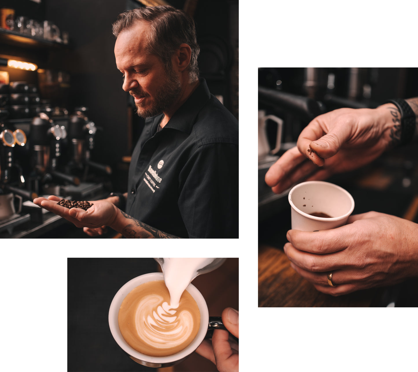 Collage aus drei Szenen in der Havelbohne Kaffeerösterei in Potsdam: Barista prüft Kaffeebohnen, Mahlgrad wird getestet und Latte Art wird in Cappuccino gegossen.